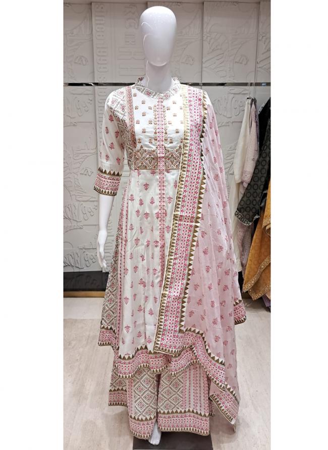 Cotton White Traditional Wear Embroidery Work Readymade Anarkali Suit